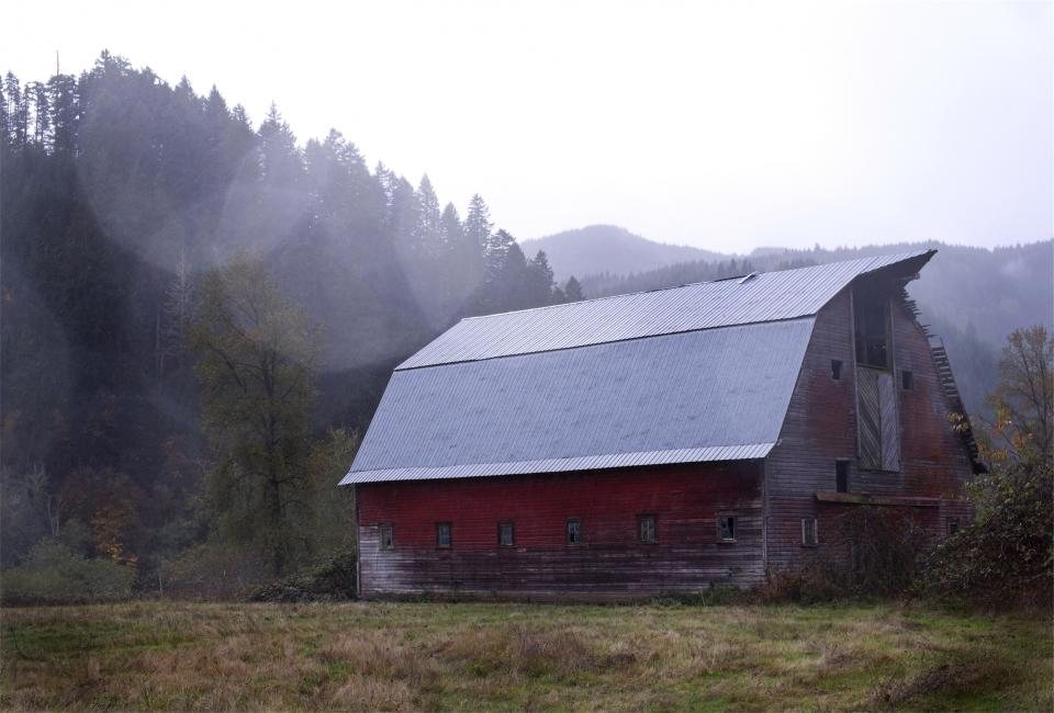 Grange rouge au pied d’une colline boisée dans la brume
